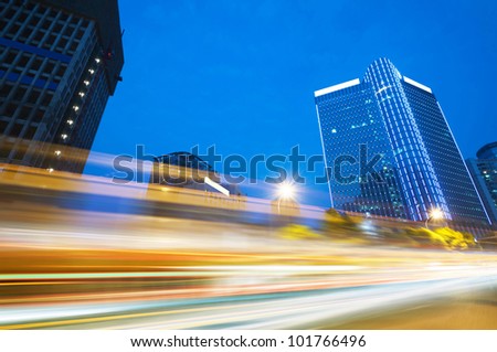 the light trails on the modern building background in wuhan china.