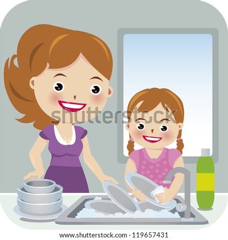 Illustration Of Mother And Daughter Washing Dishes - 119657431 ...