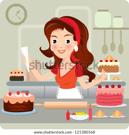 Woman Baking Cookies In Retro Kitchen. Vector Illustration. - 121380568 ...