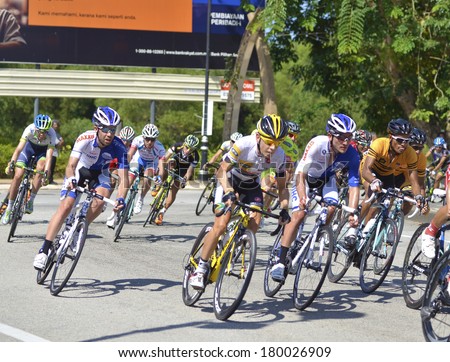 PAHANG, MALAYSIA - MARCH 5:Unidentified rider speeding for podium following the 7th stage of the Le Tour De Langkawi 2014 cycling race between Kota Tinggi and Pekan, Pahang, on March 5.