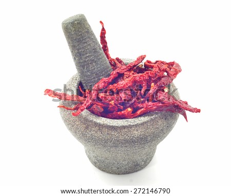 stone mortar and pestle with dry chillies