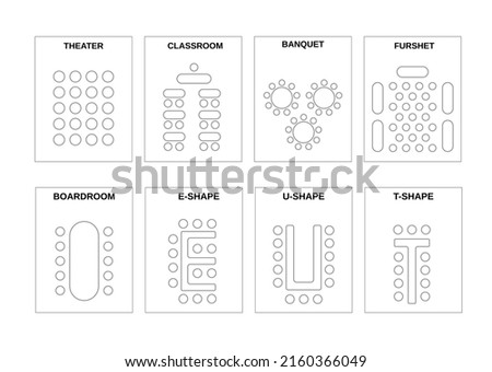 A set of schemes for arranging seats. The chairs and the tables in meeting rooms, conference halls and other places. Vector.