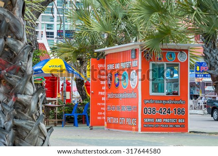 PATTAYA, THAILAND - September 12, 2015 : Serve and protect box for tourist by Pattaya city police in front of sea on north Pattaya. on September 12, 2015 Pattaya Thailand.