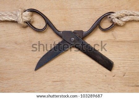 Antique scissors on wood