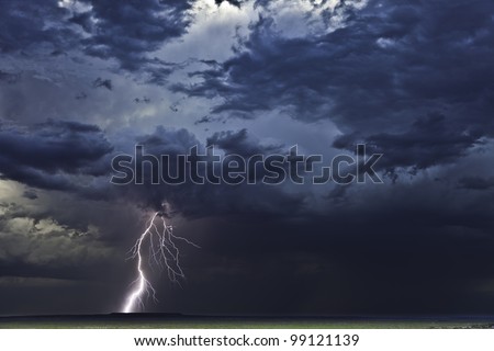 Lightning from a super-cell thunderstorm in Tornado Alley strikes down to the ground.