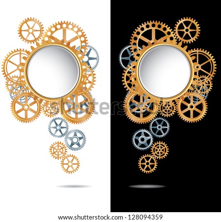 vector abstract composition with silver and golden gears on white and black backgrounds