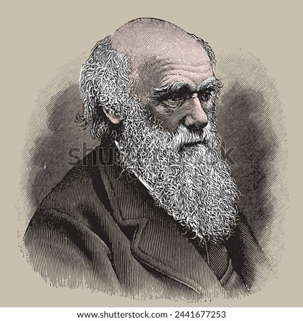 Charles Darwin, colored vector illustration from old engraving from Meyers Lexicon published 1914 in Leipzig