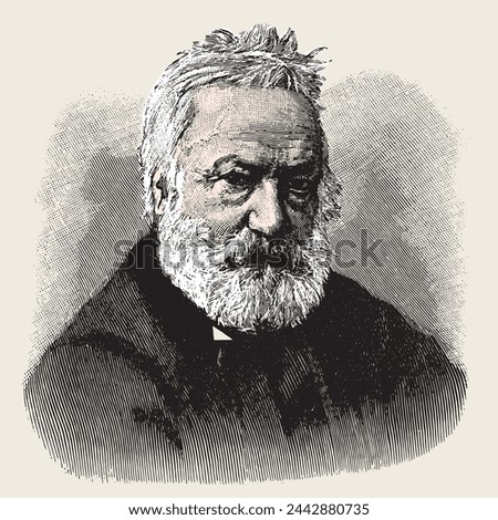 vector colored old engraving of famous French writer and politician Victor Hugo, engraving is from Meyers Lexicon published 1914 - Leipzig, Deutschland