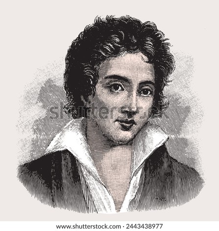 Percy Bysshe Shelley, famous British writer, colored vectored illustration from old engraving from 19th century