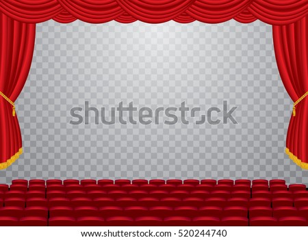vector transparent empty stage with red curtain and empty auditorium, layered and editable