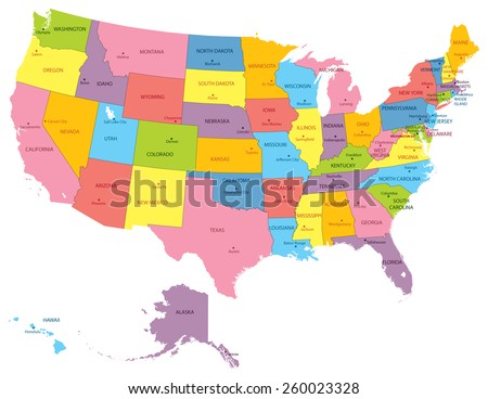 Vector illustration of a High Detail USA Map with different colors for each country. Each country has its capital city. Global colors used.