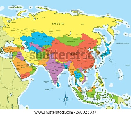 Vector Illustration Of Asia Map With Countries In Different Colors ...