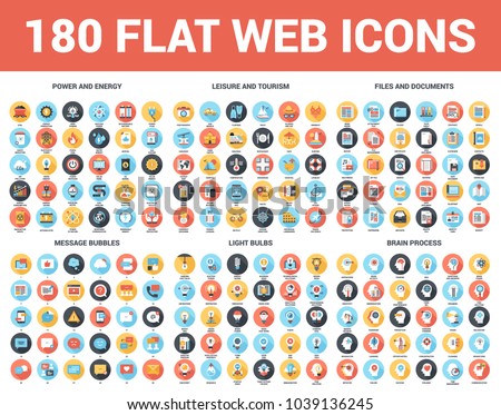 Vector set of 180 flat web icons with long shadow on following themes - files and documents, power and energy, message bubbles, leisure and tourism, light bulbs, brain process