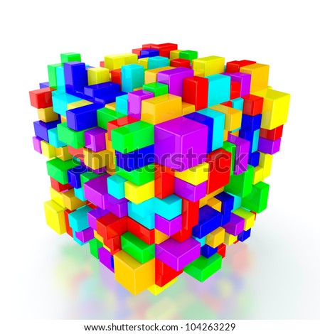 3D render of multi colored cubes on white background