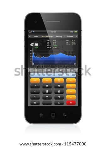 3D illustration of smart phone with stock market application and calculator on screen