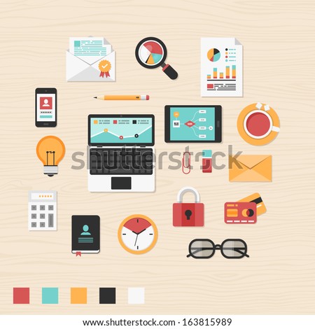 Vector collection of modern trendy flat business and office icons on table.
