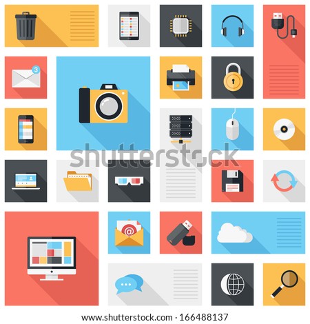 Vector collection of colorful flat technology and multimedia icons with long shadow. Design elements for mobile and web applications.