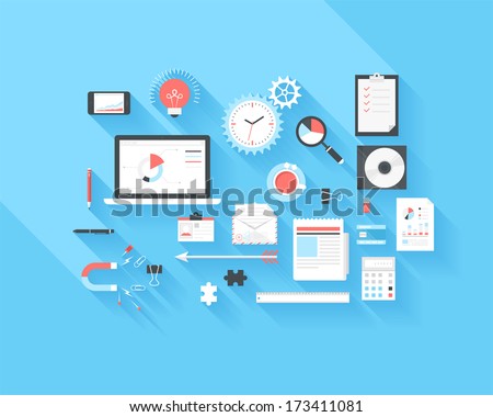 Vector collection of modern trendy flat business and office icons on blue background with long shadow.