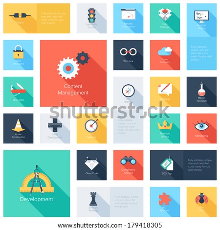 Vector collection of colorful flat search engine optimization icons with long shadow. Design elements for mobile and web applications.