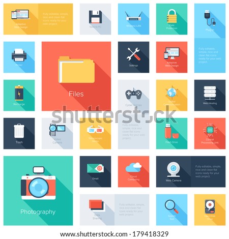 Vector collection of colorful flat technology and multimedia icons with long shadow. Design elements for mobile and web applications.