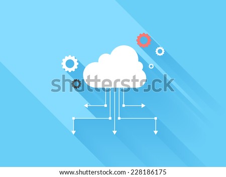 Vector illustration concept of cloud computing isolated on blue background with long shadow.