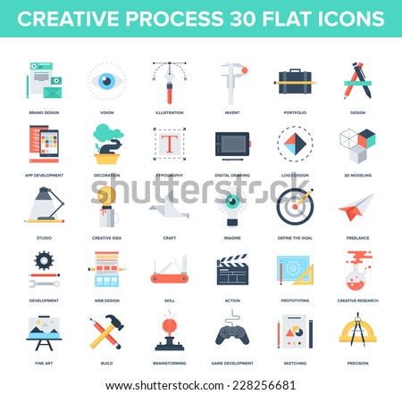 Abstract vector set of colorful flat creative process icons. Concepts and design elements for mobile and web applications.