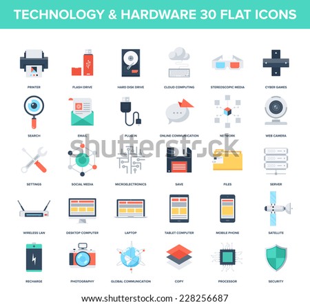 Abstract vector set of colorful flat technology and hardware icons. Creative concepts and design elements for mobile and web applications.