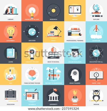 Abstract vector collection of colorful flat education and knowledge icons. Design elements for mobile and web applications.