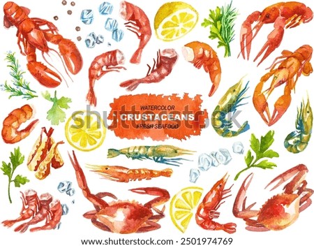 Vector watercolor painted lobster, crayfish, crabs, shrimps Hand drawn fresh seafood design elements