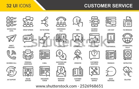 Vector set of customer service flat line web icons. Each icon with adjustable strokes neatly designed on pixel perfect 48X48 size grid. Fully editable and easy to use.