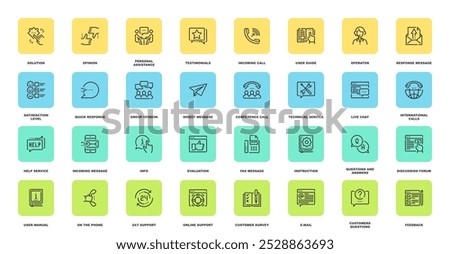 Vector set of customer service flat line web icons. Each icon with adjustable strokes neatly designed on pixel perfect 48X48 size grid. Fully editable and easy to use.