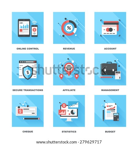 Vector set of flat banking and finance icons on following themes - online control, revenue, account, secure transactions, affiliate, management, cheque, statistics, budget