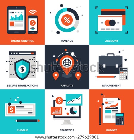 Vector set of flat banking and finance icons on following themes - online control, revenue, account, secure transactions, affiliate, management, cheque, statistics, budget