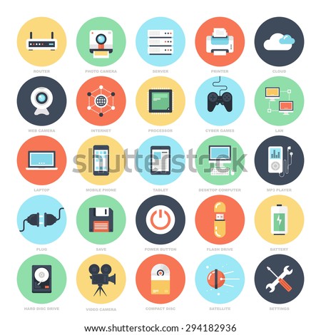 Abstract vector set of colorful flat technology and hardware icons. Creative concepts and design elements for mobile and web applications.