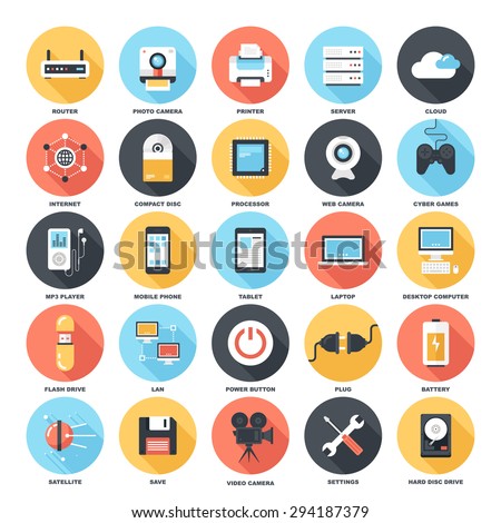 Abstract vector set of colorful flat technology and hardware icons with long shadow. Creative concepts and design elements for mobile and web applications.