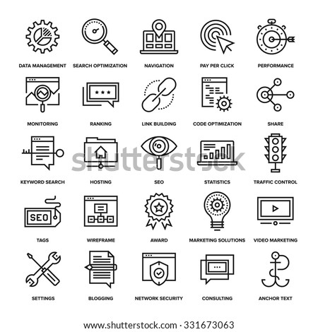 Abstract vector collection of line SEO and web optimization icons. Elements for mobile and web applications.