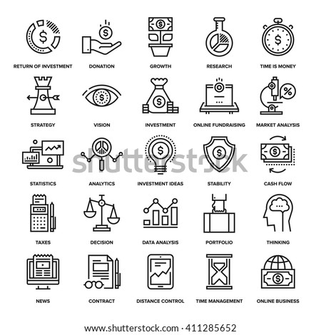 Abstract vector collection of line analytics and investment icons. Elements for mobile and web applications.