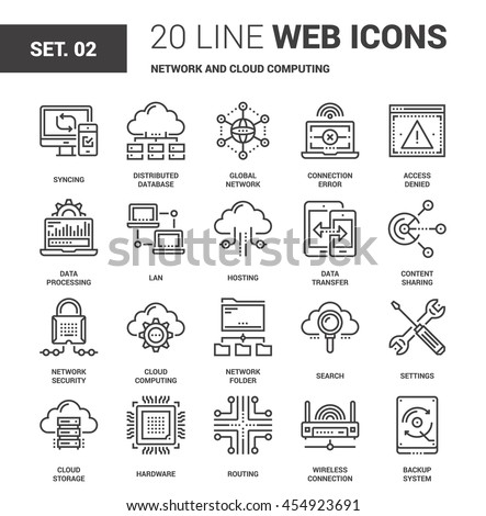 Vector set of network and cloud technology line web icons. Each icon with adjustable strokes neatly designed on pixel perfect 64X64 size grid. Fully editable and easy to use.