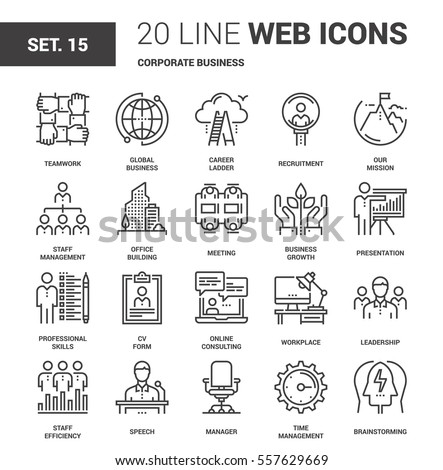 Vector set of corporate business line web icons. Each icon with adjustable strokes neatly designed on pixel perfect 64X64 size grid. Fully editable and easy to use