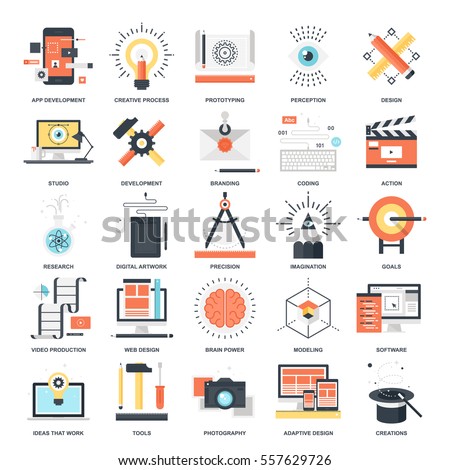 Vector set of creative process flat web icons. Illustration graphic design concepts. Modern flat icon style. Symbols for mobile and web graphics. Logo creative concepts.