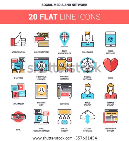 Vector set of social media and network flat line web icons. Each icon with adjustable strokes neatly designed on pixel perfect 64X64 size grid. Fully editable and easy to use