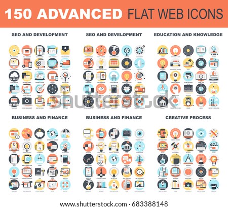 Collection of advanced flat web icons. Icon pack includes - SEO and development, education and knowledge, business and finance, creative process conceptual themes.