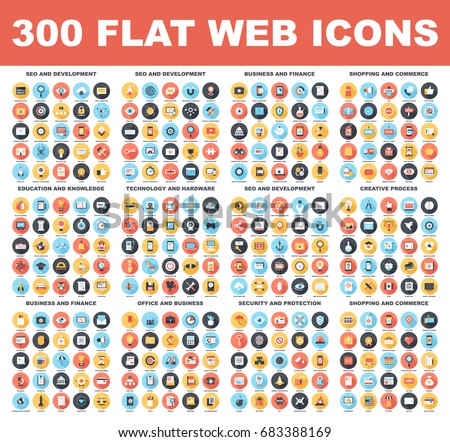 300 Flat web icons - SEO and development, creative process, business and finance, office and business, security and protection, shopping and commerce, education and knowledge, technology and hardware