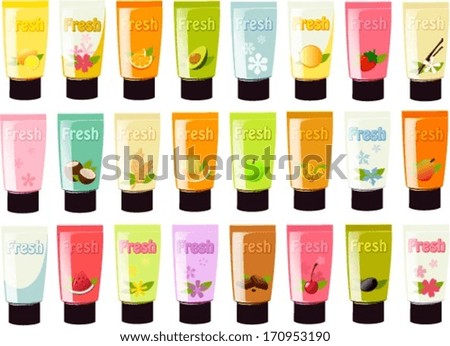 Vector illustration of various kinds of body lotions/ shower gels.