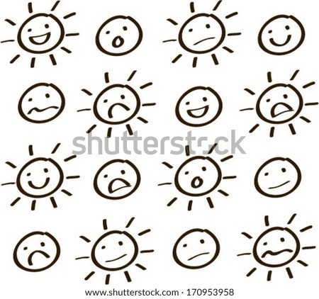 Vector illustration of various sun/ smiley doodles.