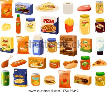 Vector illustration of a set of a bachelor's stereotypical food items.