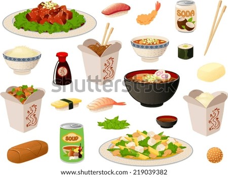 Vector illustration of several asian food items/dishes.