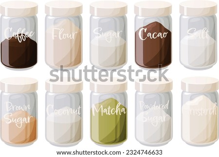 Cute vector illustration set isolated on white background of various pantry staple supplies for baking stored in glass jars with white fonts for neat organization.