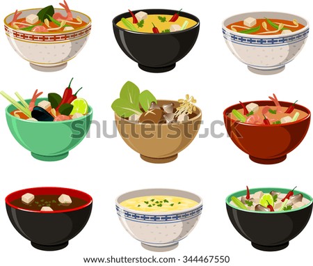 Vector illustration of various asian soups.