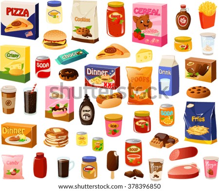 Vector illustration of various processed food items.